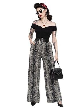 Snakeskin Print Wide-Leg Stretch Palazzo Pant Black White Sequined Accents M